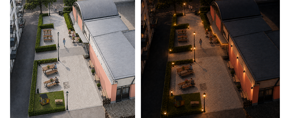 Visualisering av det planerade torget på Ludvika Gård med sittplatser och planteringar.